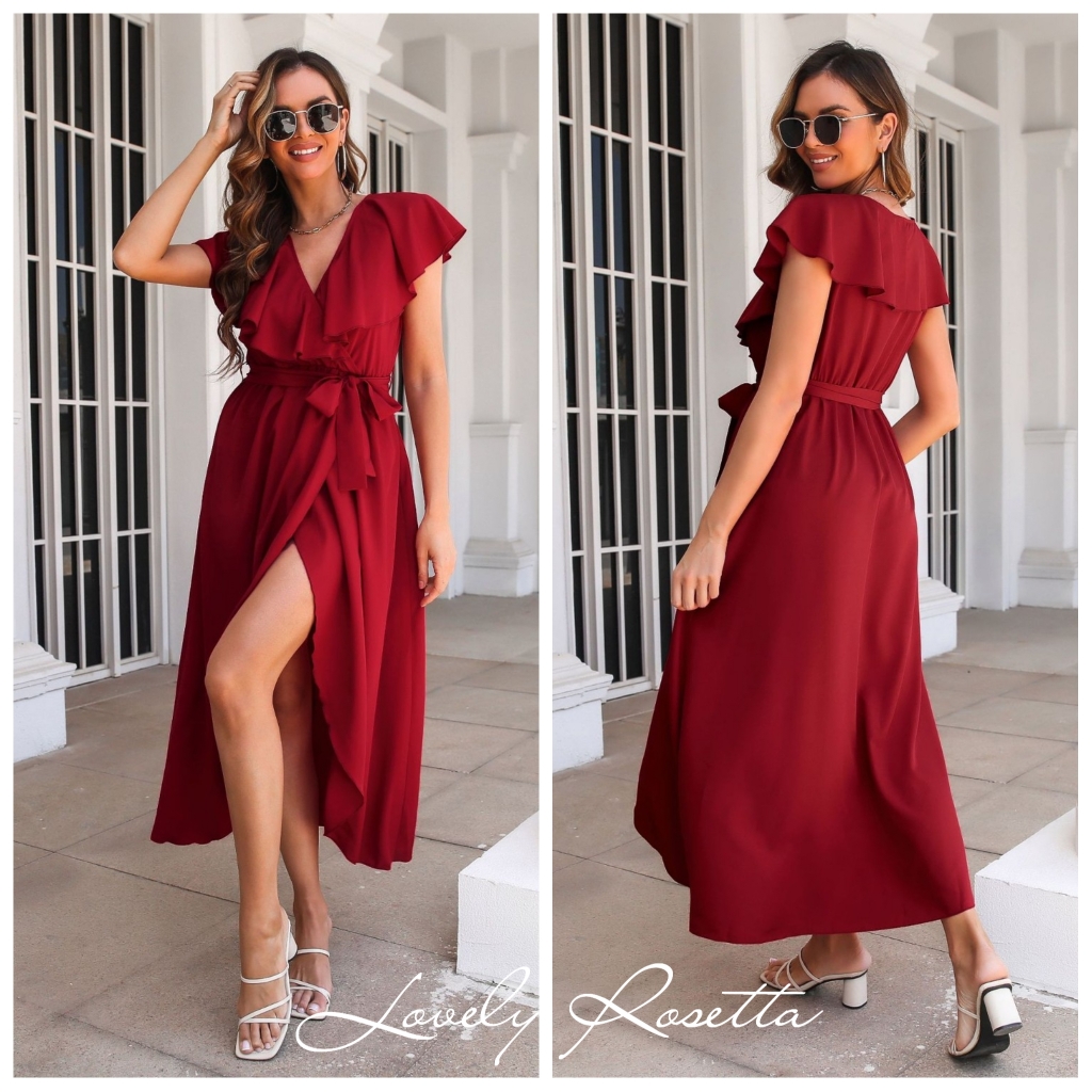 Romantic Ruffled Midi Dress With Wrap Silhouette And Slit